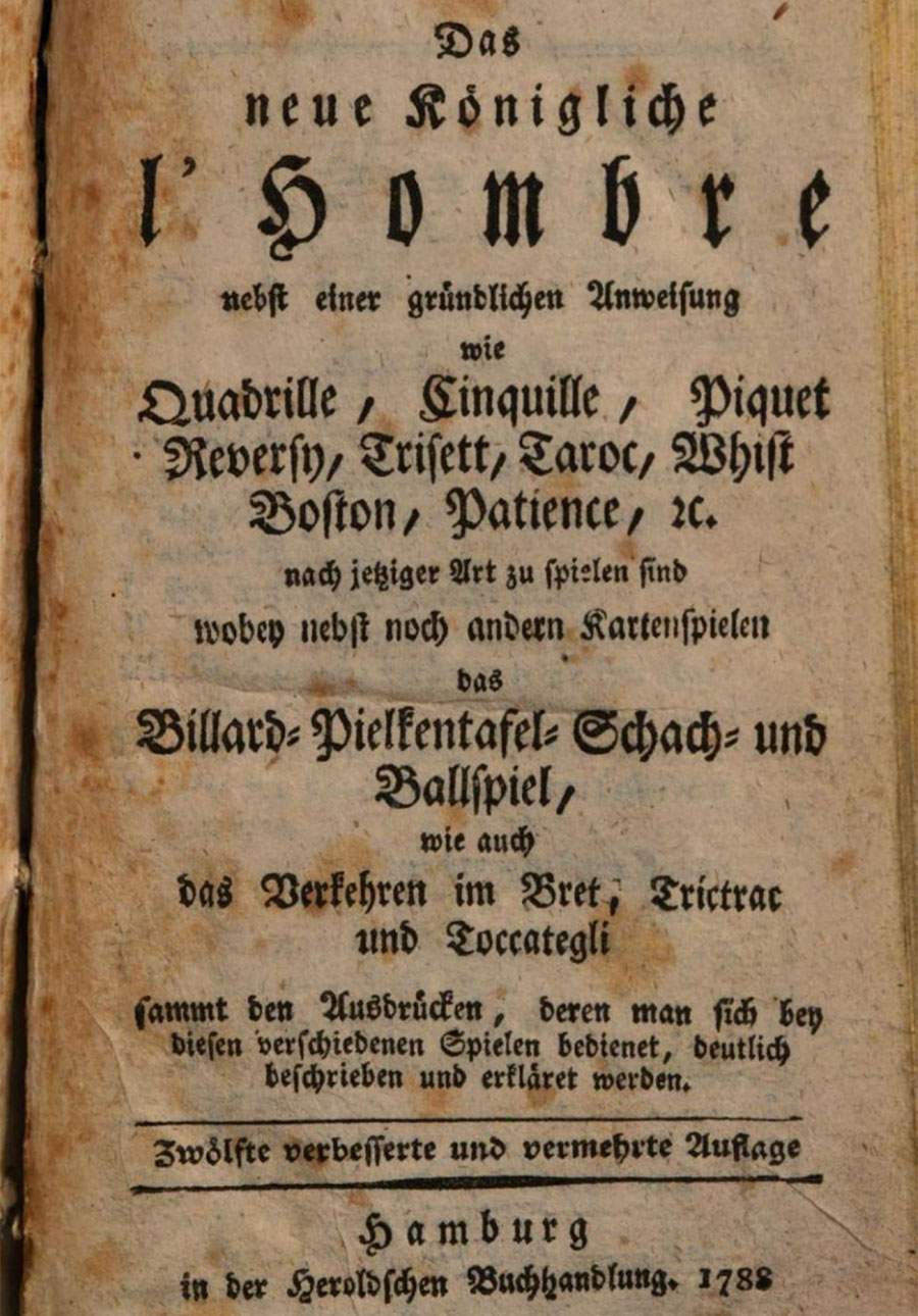 The German Solitaire book "Das Neue Königliche L'Hombre" from 1788 openingspage