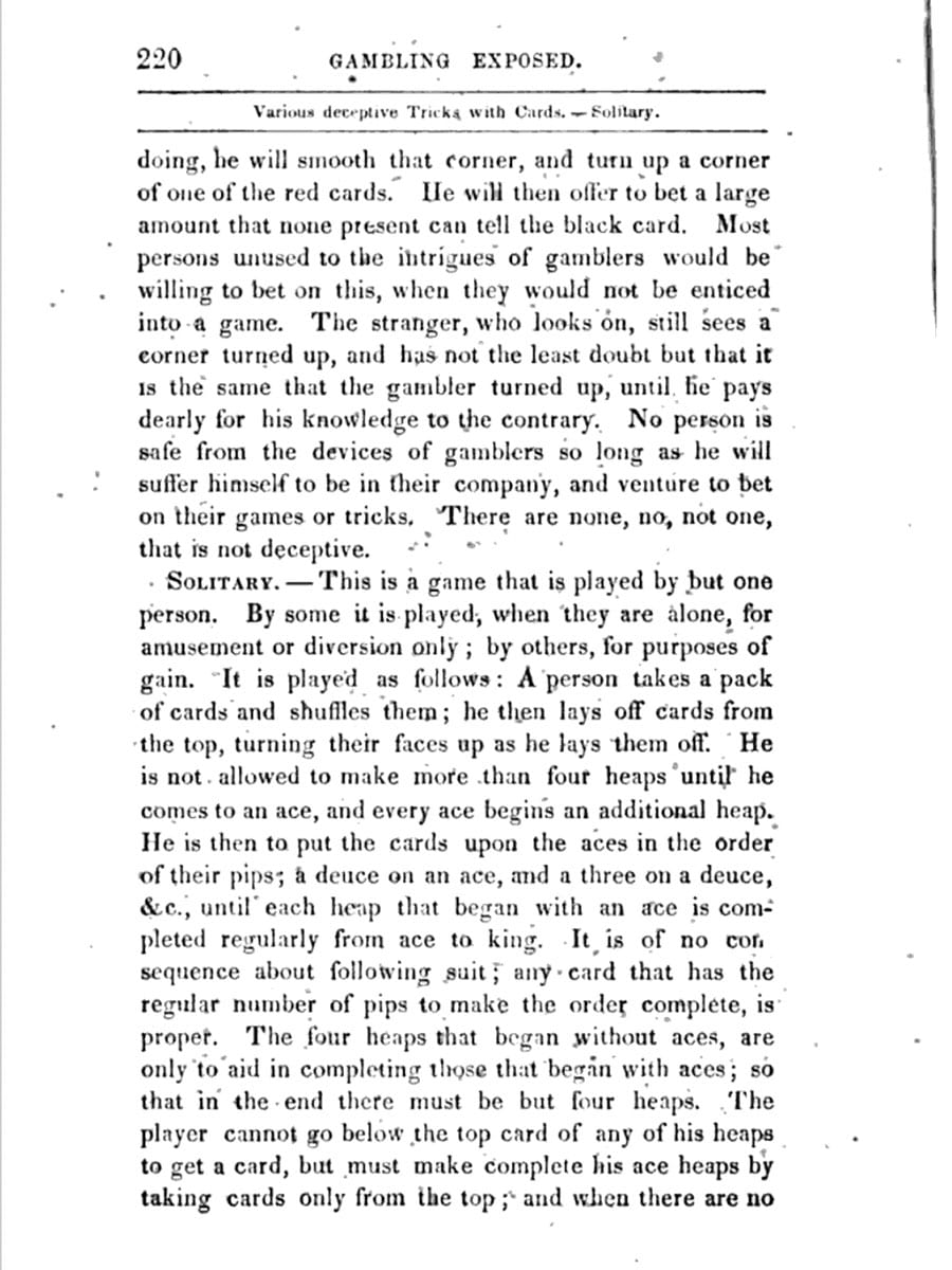 Gambling Exposed - A Full Exposition of all the various Arts, Mysteries, and Miseries of Gambling by Jonathan H. Green 1857 - Solitary