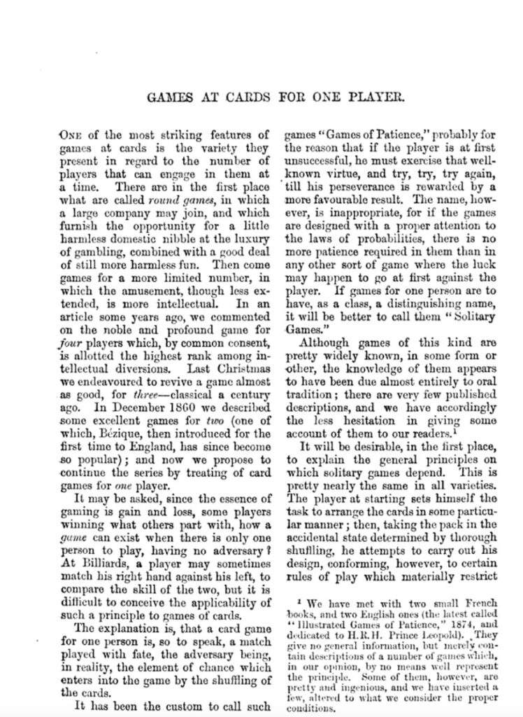 Games at cards for one player by W. Pole - 1874 - article about solitaire in Macmillan's Magazine