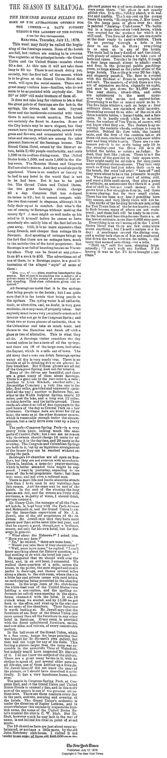 Article about The Season in Saratoga in The New York Times - 1878 where solitaire is played in John Morrisey's Gambling House