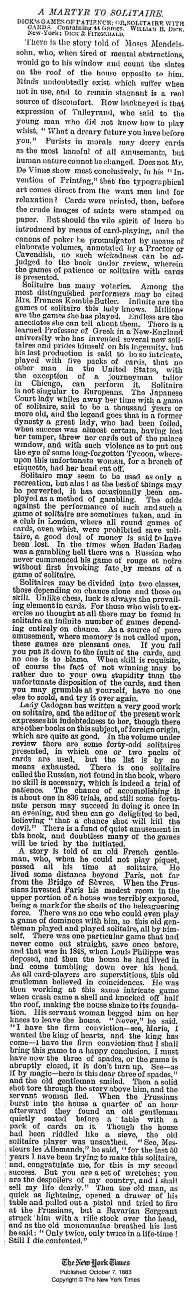 A Martyr to Solitaire - The New York Times - 1883 - full article screen