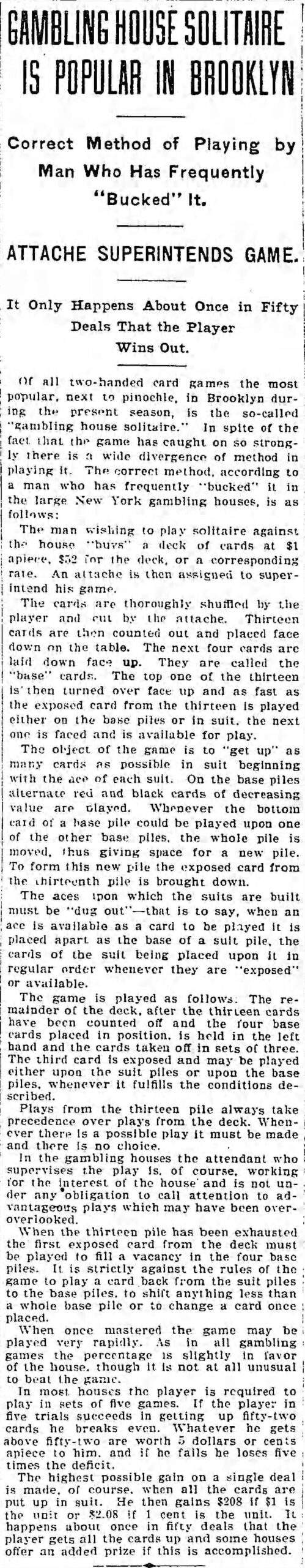 Gambling House Solitaire is popular in Brooklyn - The Brooklyn Daily Eagle - 1902 article about solitaire