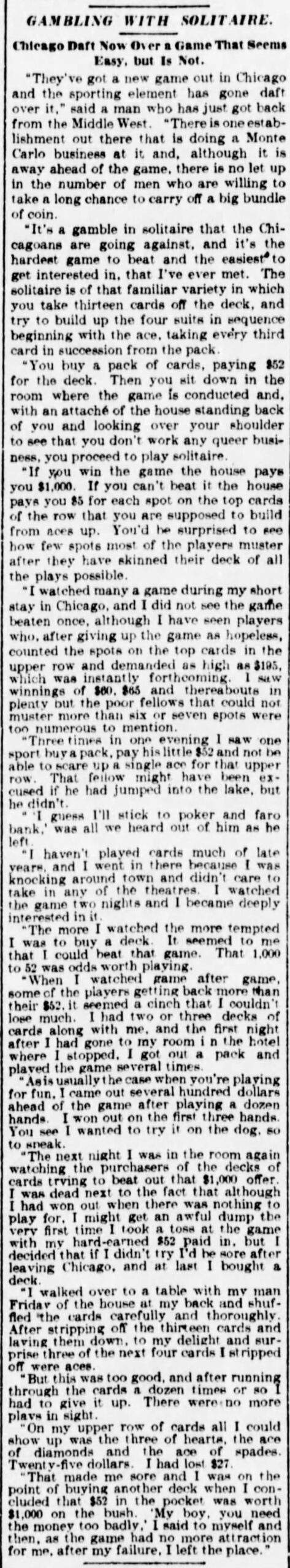 Gambling with Solitaire - Chicago Daft Now over a game that seems easy but is not - The Sun New York - 1902