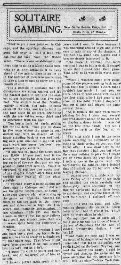 Historical newspaper article about gambling solitaire