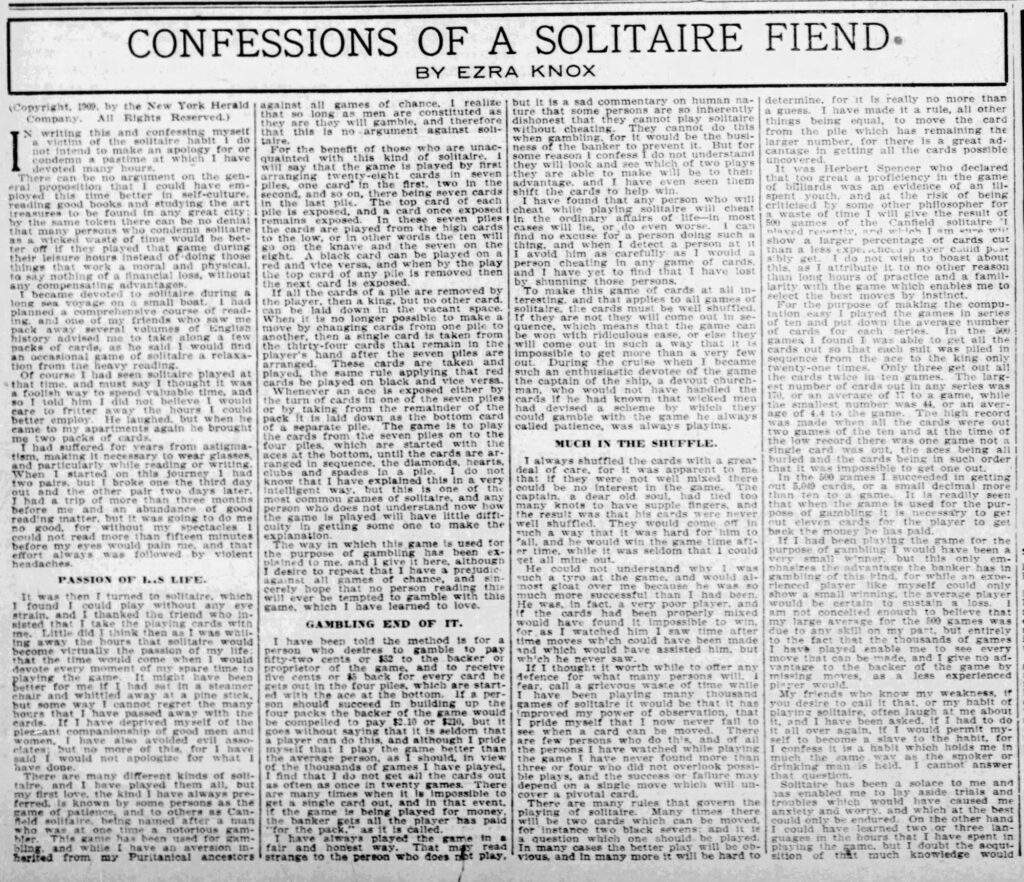 Confessions of a Solitaire Friend by Ezra Knox - 1909 - newspaper article about Solitaire