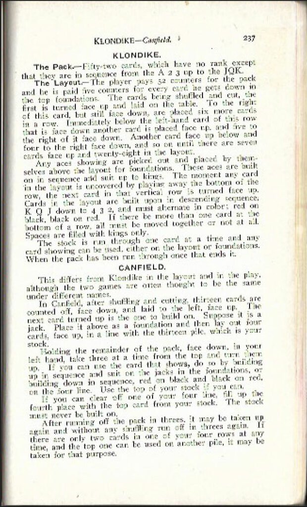 Hoyle up to Date, The Official Rules of Card Games -Copyright 1911 about Klondike and Canfield