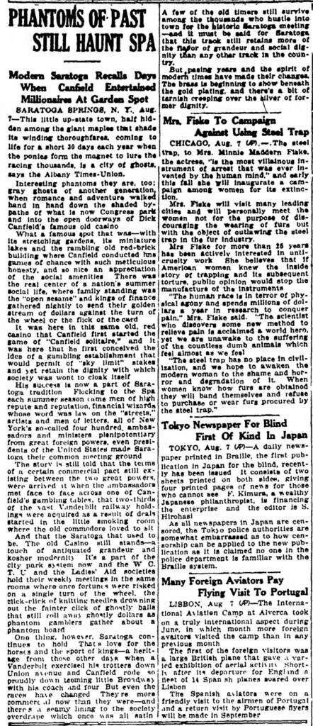 Historic newspaper article about the Canfield Casino published by Fitchburg Sentinel (Fitchburg, Massachusetts)