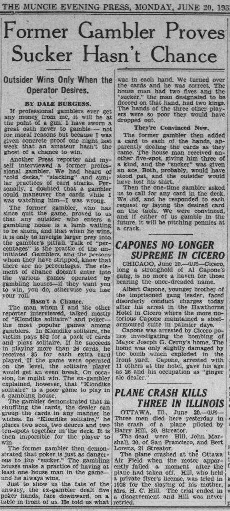 Newspaper article about Klondike solitaire as a gambling game in the The Muncie Evening Press