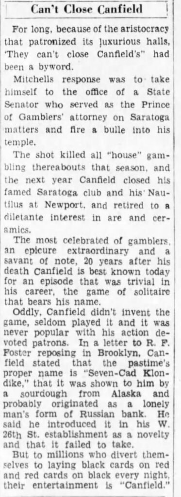 Paragraph from the newspaper article  You Can’t Win (Series of articles on Gambling from Faro to Bridge) about Canfield