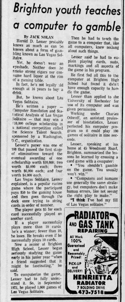 Brighton Youth Teaches a Computer to Gamble - 1975 newspaper article about Vegas Solitaire