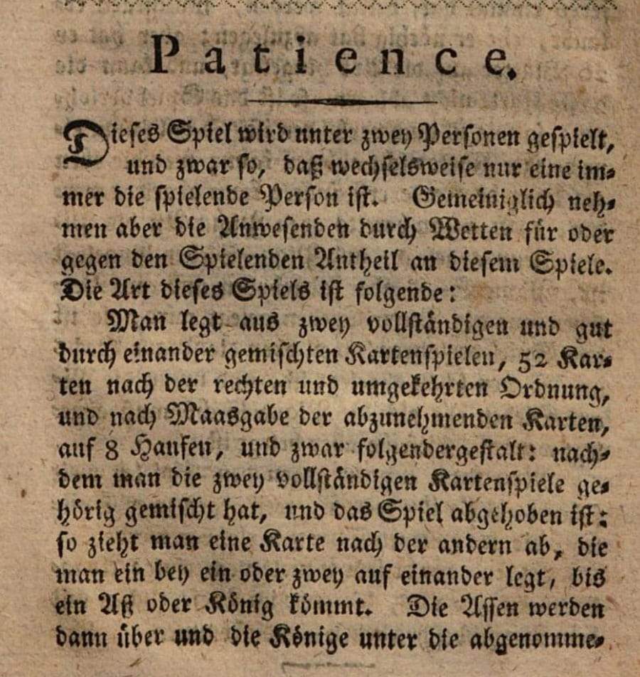 Solitaire book "Das Neue Königliche L'Hombre" from 1788 "Das Patiencespel" 