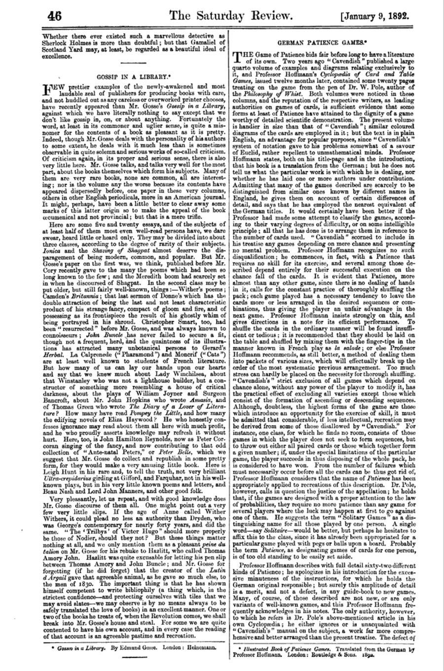 Article German Patience Games in The Saturday Review of Politics, Literature, Science and Art, Volume 73 - 1892