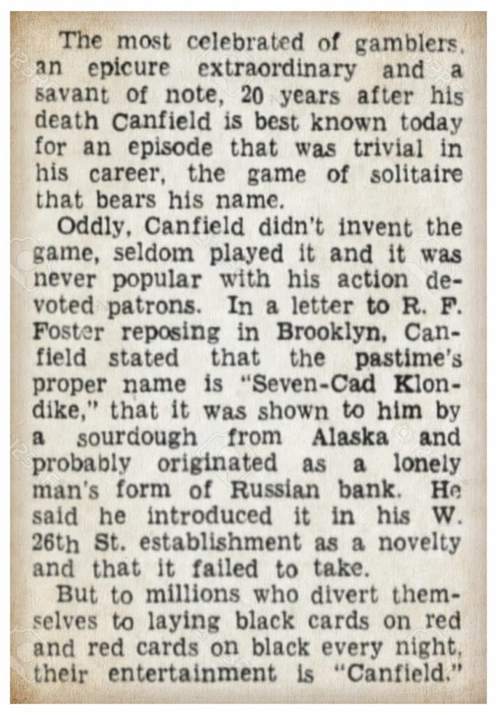 Newspaper article from You Cant win about what solitaire was played by Canfield