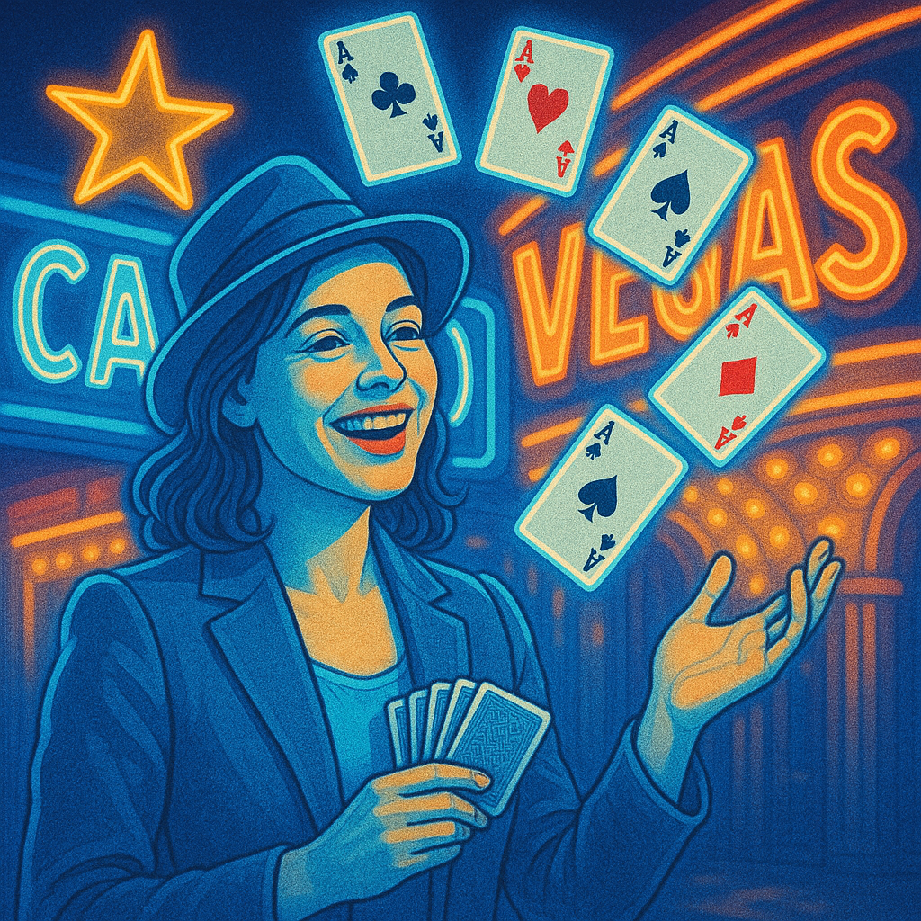 A card game player throws some cards into the air and looks happy