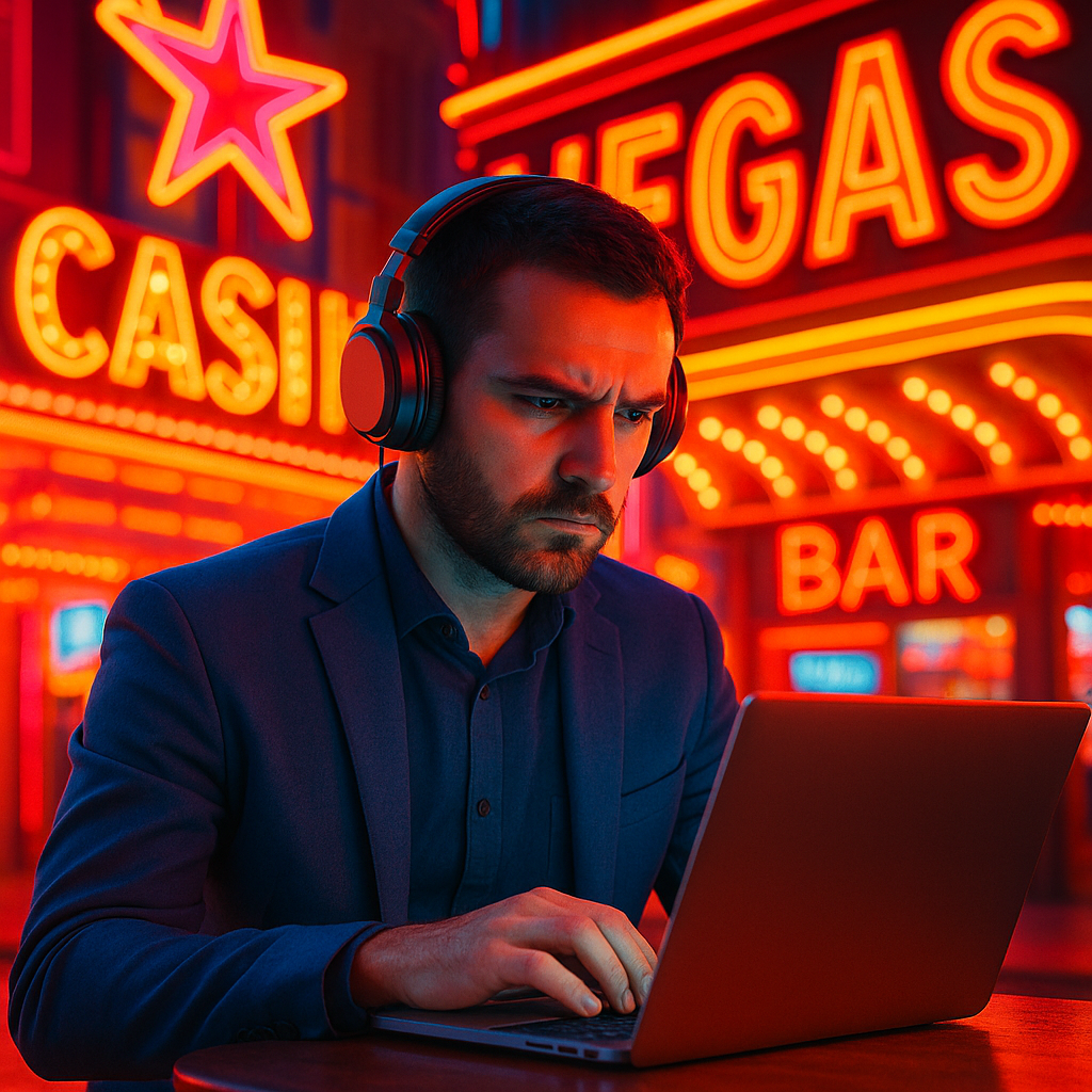 Serious man in wireless headphones using laptop